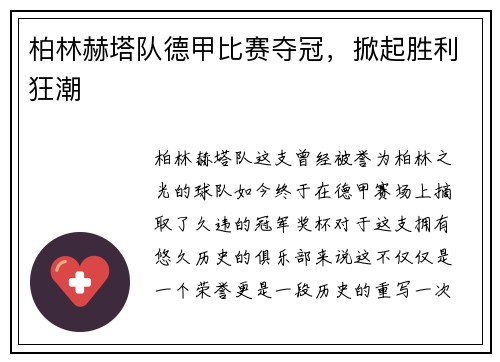 柏林赫塔队德甲比赛夺冠，掀起胜利狂潮