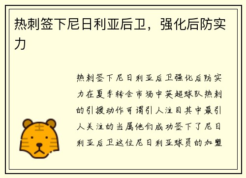 热刺签下尼日利亚后卫，强化后防实力